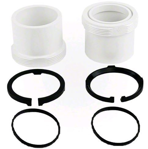 Two Pentair threaded PVC pipe connectors with black locking rings and rubber washers from the Threaded Union Adaptor Kit | 178733Z are arranged below them.