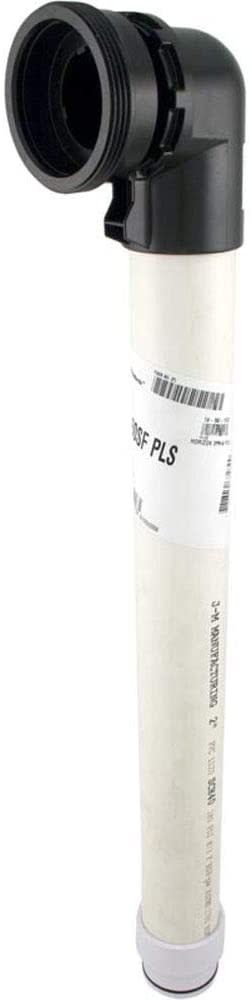 The Pentair Tall Standpipe Outlet Assembly | 190037 features a white PVC pipe with a black elbow joint and threaded connector, along with a label displaying text and barcodes.