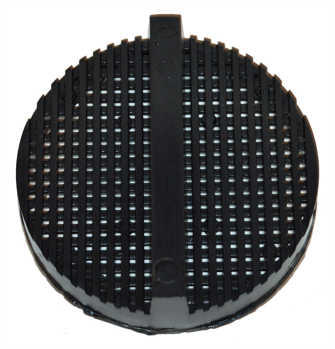 The Pentair Chlorinator Strainer Screen (210396Z) is a round black plastic filter with parallel slats and a central raised strip, resembling a vent cover or grate.