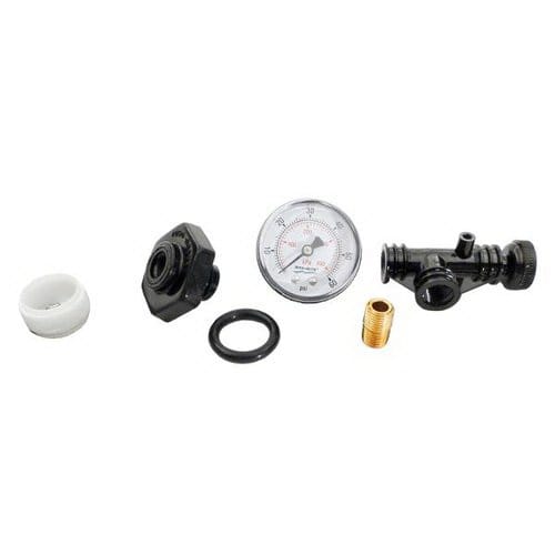 The Pentair Sta-Rite System 3 Air Relief Valve & PSI Gauge Assembly (24850-0105) features a round dial gauge, black plastic fittings, a brass connector, and a black rubber O-ring, all neatly arranged in a row on a white background.