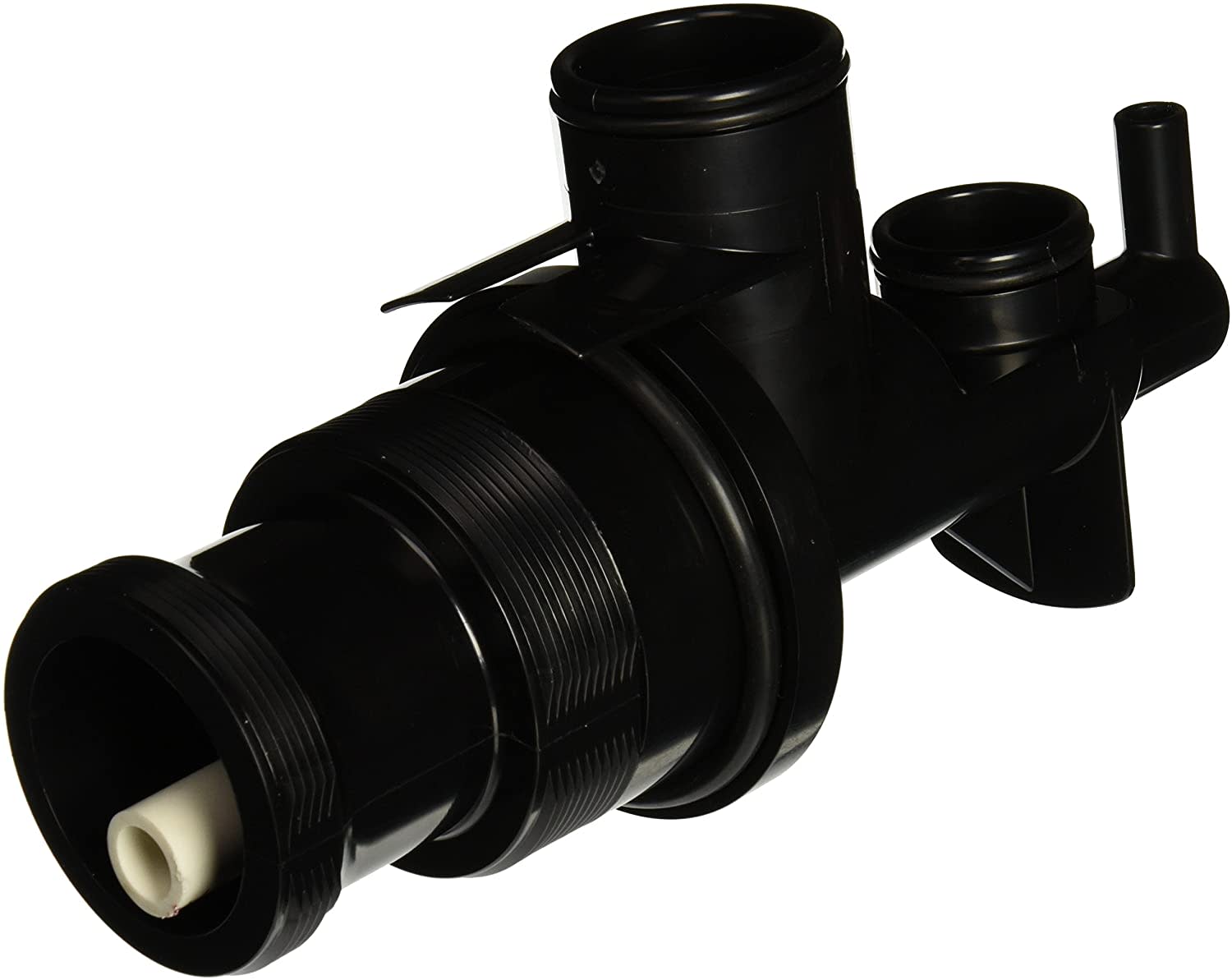 Pentair DE Filter Elbow/Bulkhead Assembly (25021-0100) by Pentair, a black plastic valve assembly with multiple cylindrical connectors and threaded sections, shown against a white background.