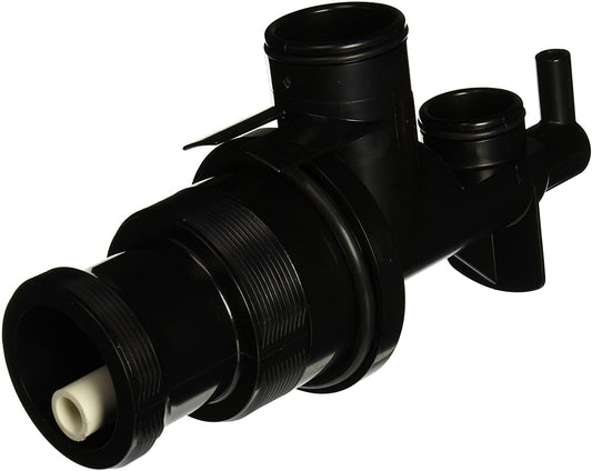 Pentair DE Filter Elbow/Bulkhead Assembly (25021-0100) by Pentair, a black plastic valve assembly with multiple cylindrical connectors and threaded sections, shown against a white background.