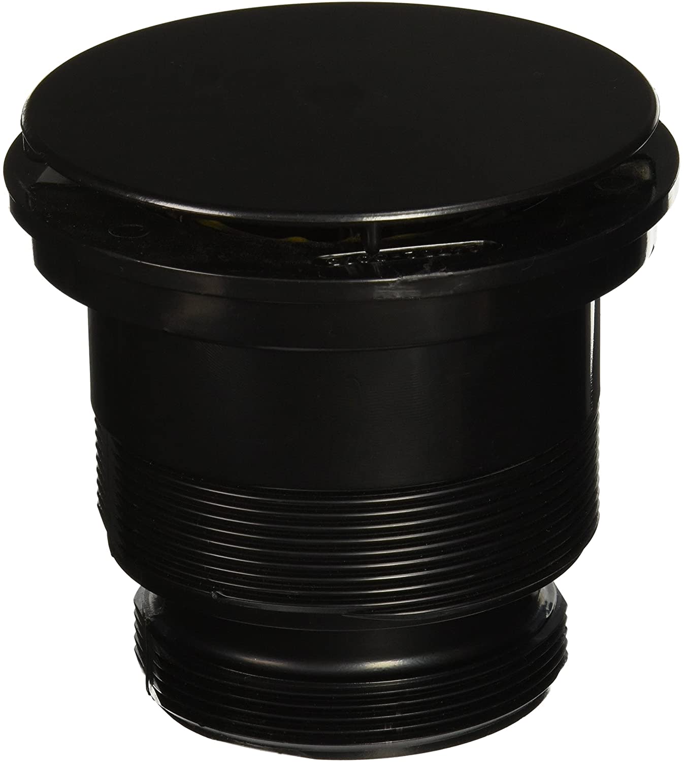 The Pentair Baffle/Bulkhead Asy (25021-0101) is a black plastic drain cover with threaded sides, shown at an angle against a white background.