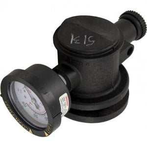 The Pentair Relief Ns/Fns Manual 2 3/8In (261003), a black gas regulator by Pentair featuring a pressure gauge and adjustment knob, is displayed on a white background.