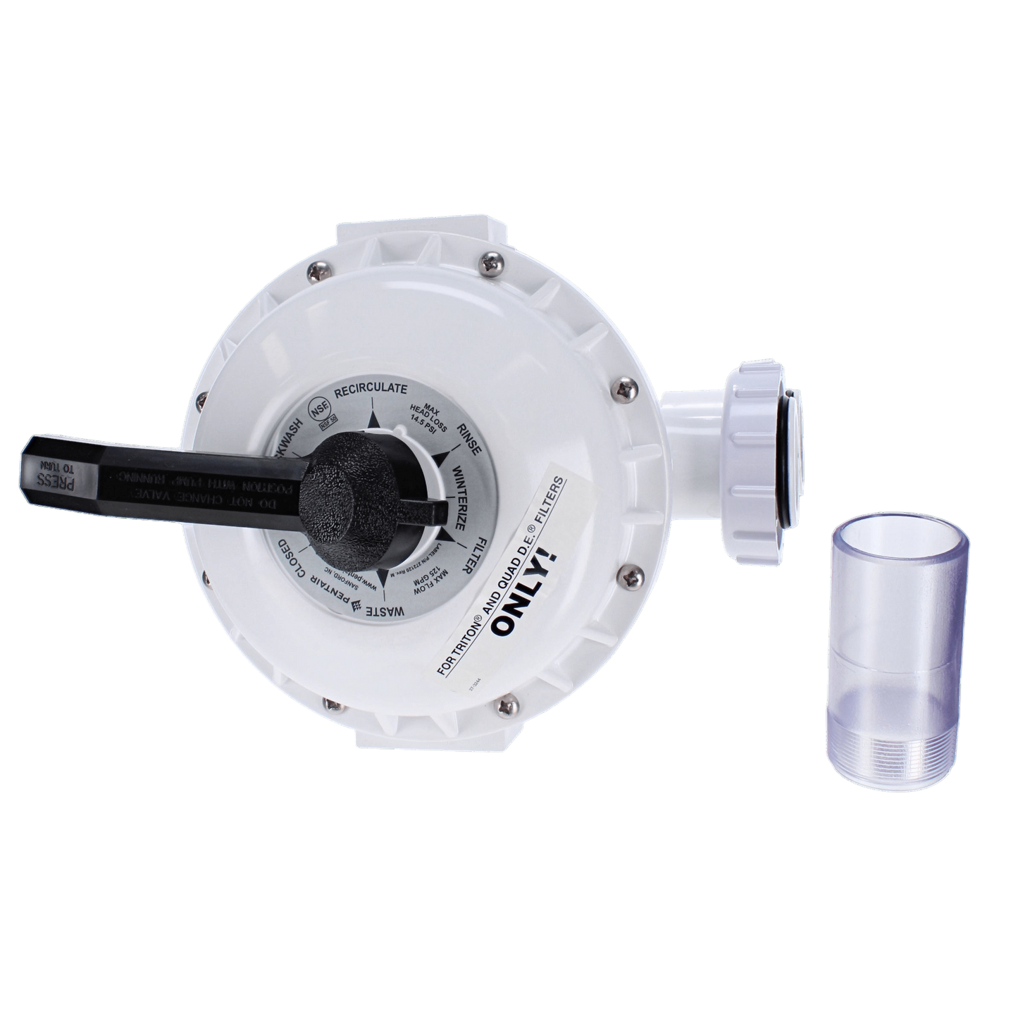 The Pentair Sand Multiport Valve, HIFLO Side Mount 261050 by Pentair is white and circular with a black handle and labeled settings, paired with a transparent adapter for optimal performance.