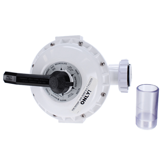 The Pentair Sand Multiport Valve, HIFLO Side Mount 261050 by Pentair is white and circular with a black handle and labeled settings, paired with a transparent adapter for optimal performance.
