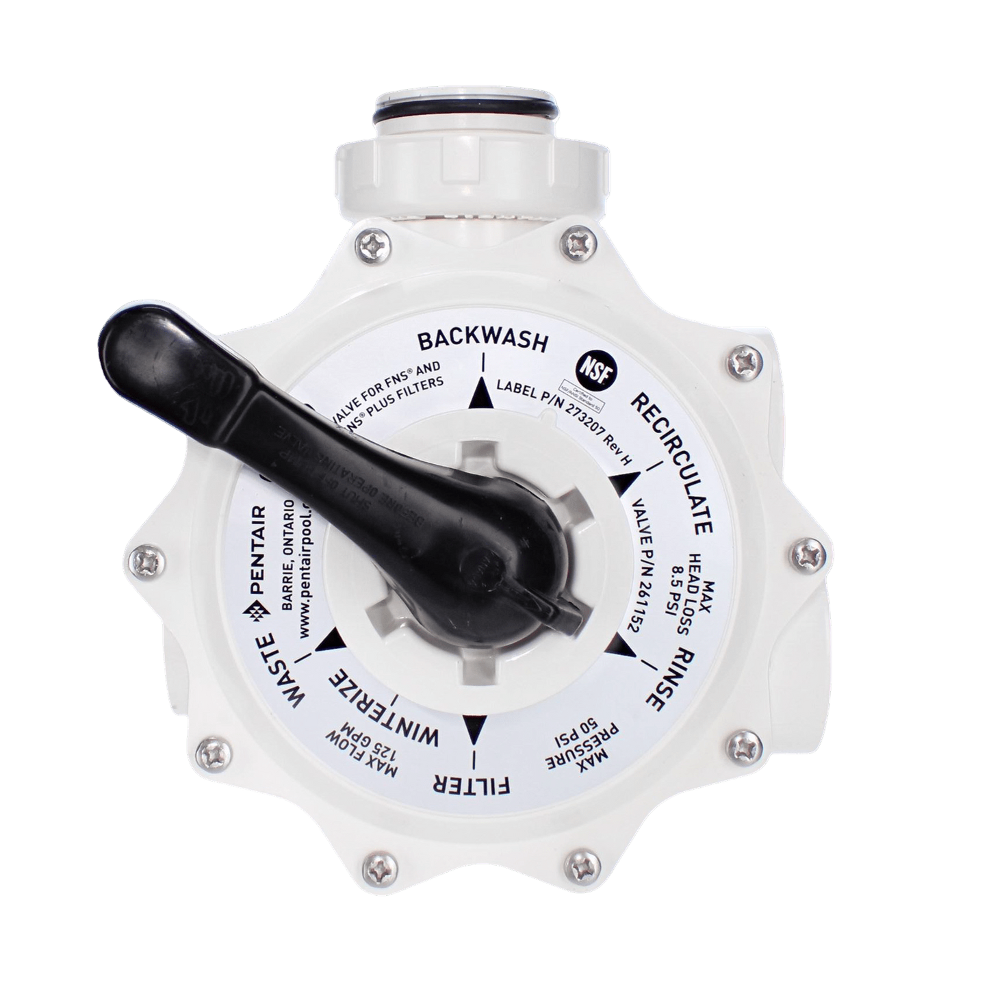 The Pentair DE Multiport Valve 261152, a 2" side mount by Pentair, optimizes performance with labeled settings: backwash, filter, rinse, waste, recirculate, and winter. Its black handle is positioned on the filter setting for Hi-Flow operation.