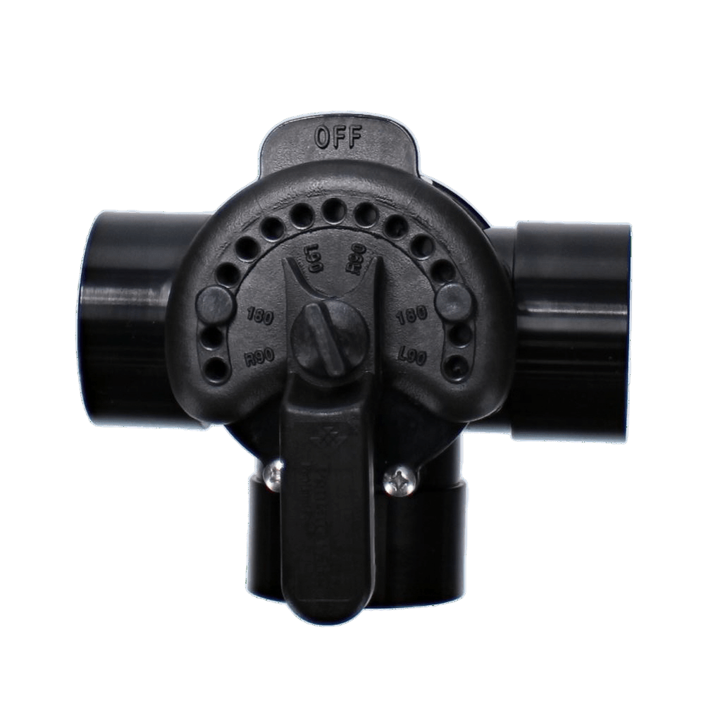 The Pentair 2" 3-Way Compool PVC Valve (263026) is a durable, lube-free control valve with three pipe connections and an adjustable dial labeled "OFF," featuring settings like "1800" and "190" for seamless automated operation and enhanced system efficiency.
