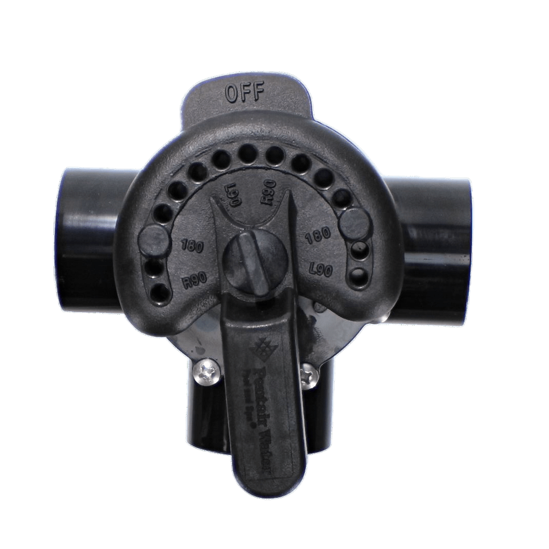 The Pentair 1-1/2" 3-Way Compool CPVC Valve (263035) features a rotating handle with OFF and numbered settings, connects to two black pipes, and provides reliable, lube-free flow control for multiple applications.