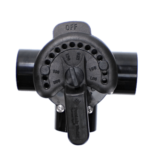 The Pentair 1-1/2" 3-Way Compool CPVC Valve (263035) features a rotating handle with OFF and numbered settings, connects to two black pipes, and provides reliable, lube-free flow control for multiple applications.