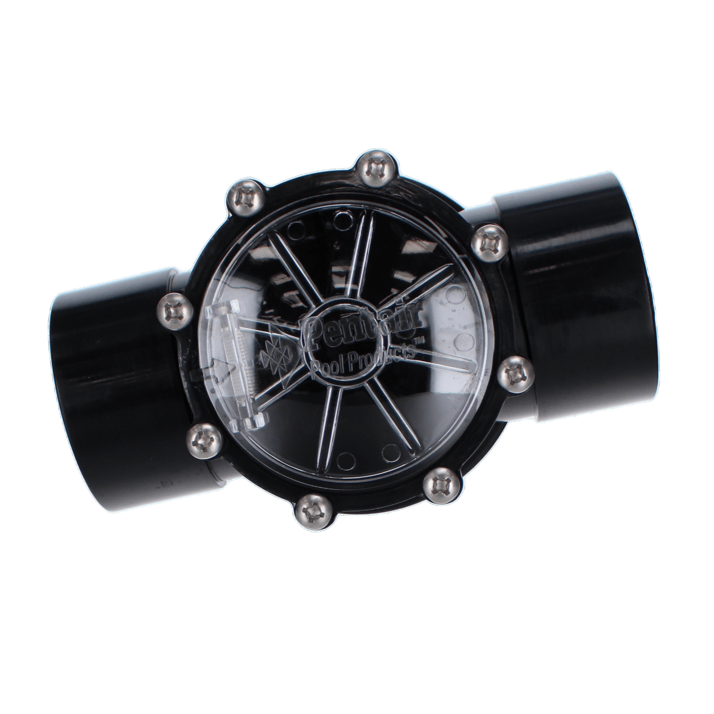 Close-up of a Pentair 2" Compool CPVC Check Valve 263042 featuring a black transparent flow meter, silver screws, visible interior mechanism, and sturdy CPVC components.