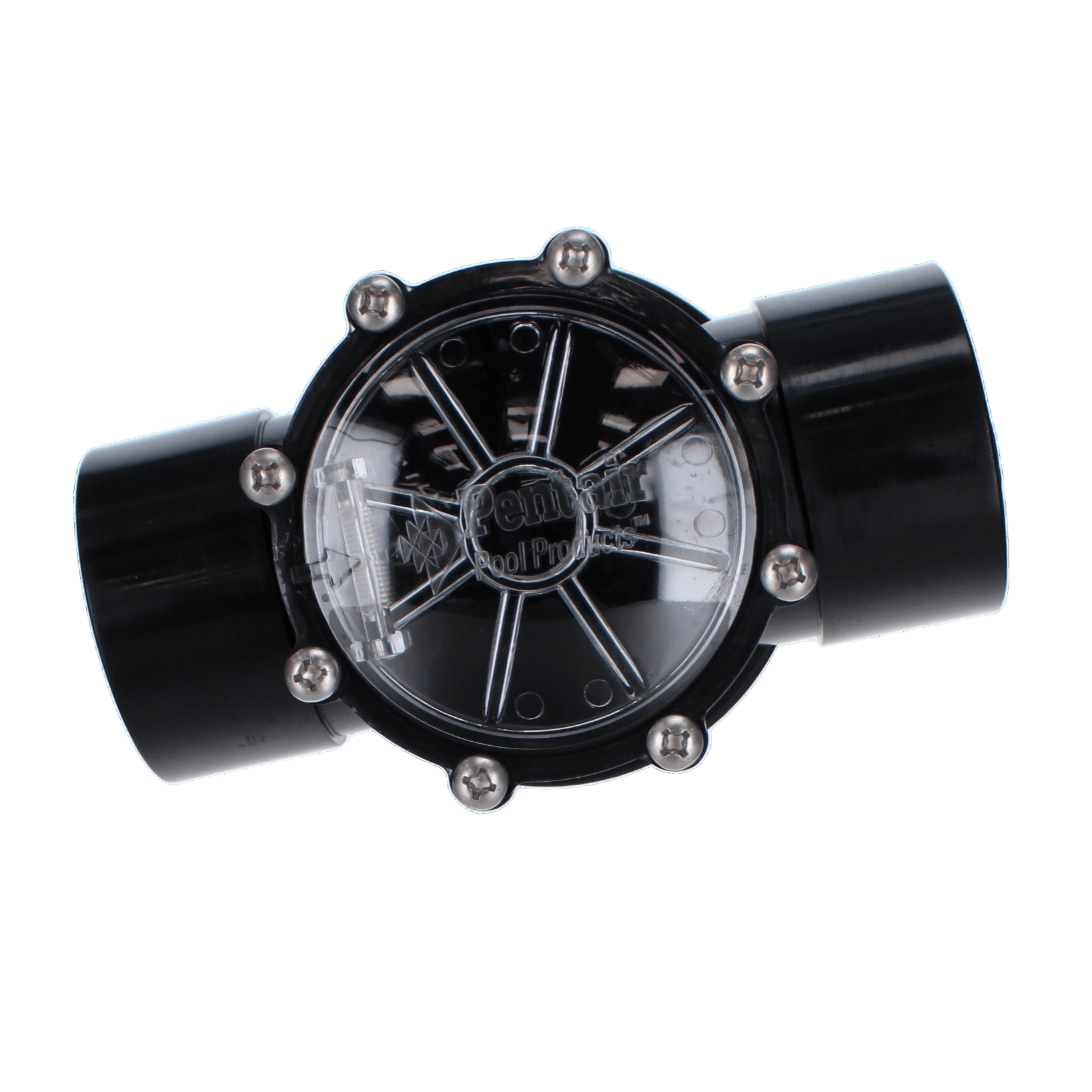 Close-up of a Pentair 2" Compool CPVC Check Valve 263042 featuring a black transparent flow meter, silver screws, visible interior mechanism, and sturdy CPVC components.