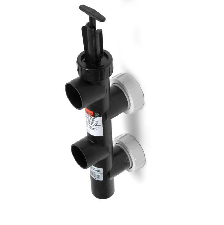 The Pentair 7.81" Center Push Pull Valve (263053) is a black plastic valve with vertical handle and two side outlets, ideal as a backwash valve for sand or D.E. filters, and includes two white threaded fittings, shown on a white background.