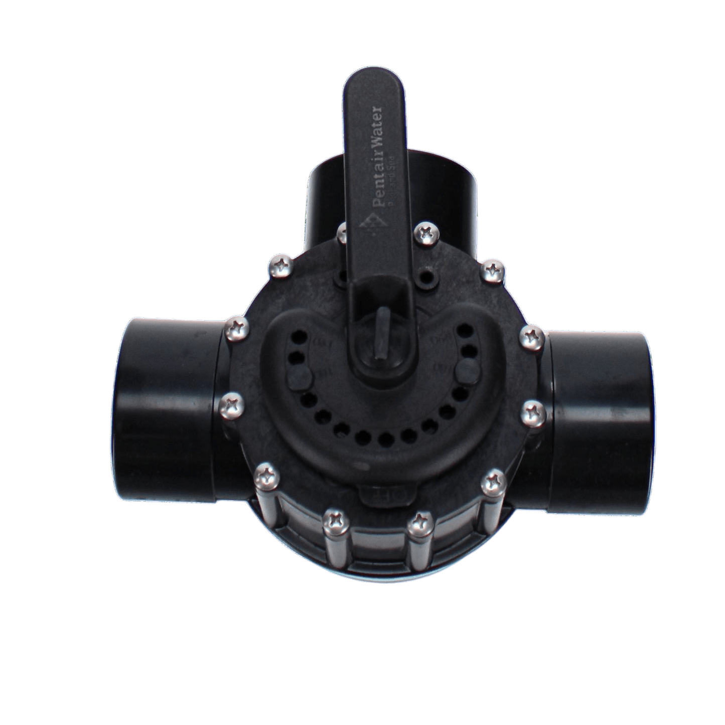 The Pentair 2-1/2" 3-Way Compool PVC Valve | 263056 features a black plastic body with a central rotating lever and multiple connections. Its advanced PTFE composite diverter seal and FullFloXF design optimize flow rates for efficient fluid control across various applications.