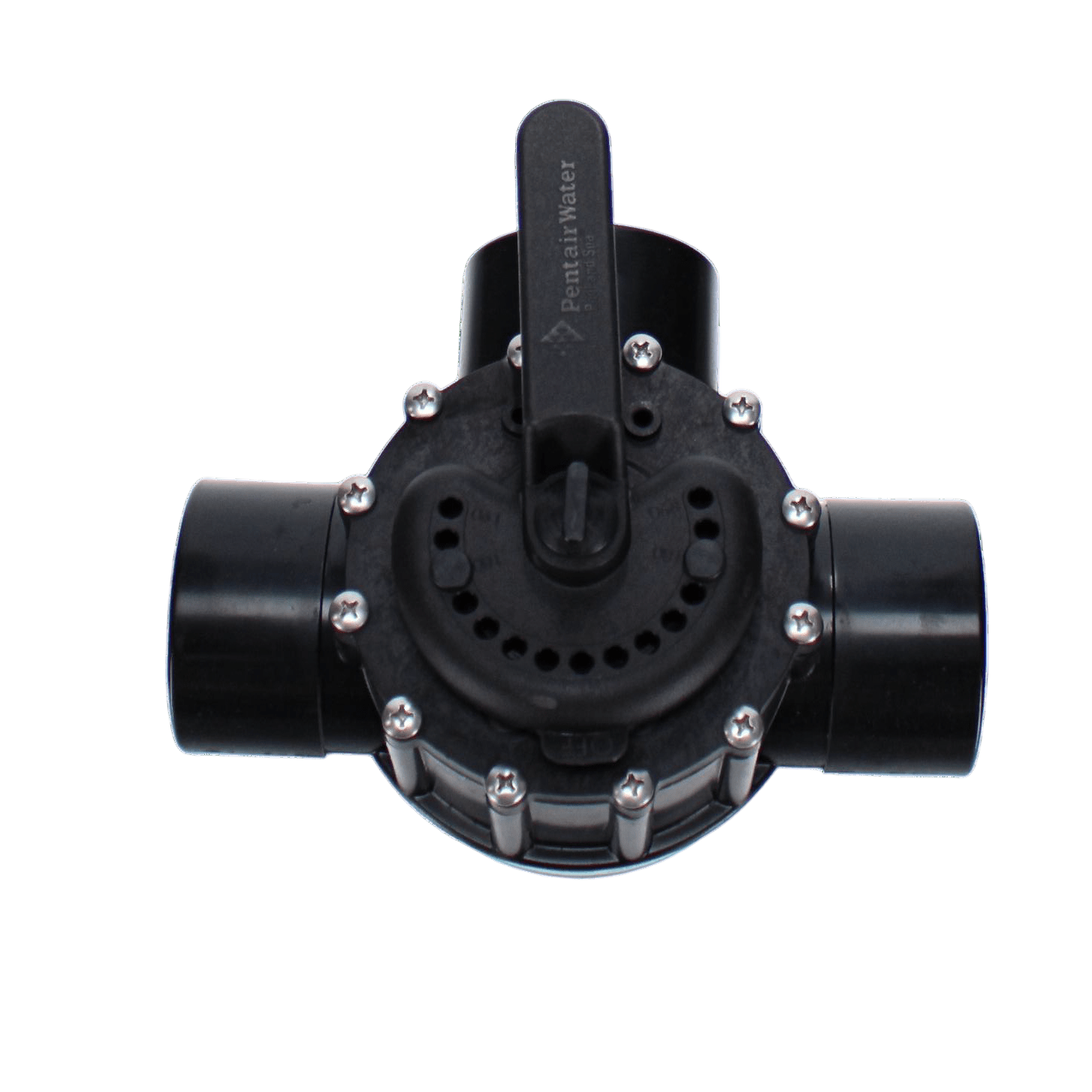 The Pentair 2-1/2" 3-Way Compool PVC Valve | 263056 features a black plastic body with a central rotating lever and multiple connections. Its advanced PTFE composite diverter seal and FullFloXF design optimize flow rates for efficient fluid control across various applications.