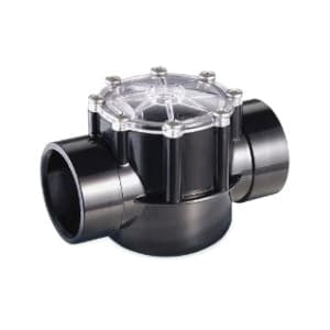 The Pentair FullFloXF 2-1/2" CPVC 2-Way Check Valve (263060), ideal for diverting applications, features three connections and a transparent top cover. Suitable for systems needing higher flow rates, it complements other FullFloXF valves seamlessly.