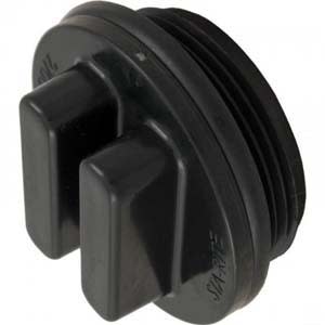 The Pentair Sta-Rite System 3 Drain Plug Assembly (27001-0022) is a black plastic drain plug with two square grips, a threaded edge, and a smooth round top, designed for sealing tanks or container openings. Brand: Pentair.