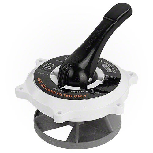 Close-up of a Pentair Top Valve Assembly 1.5" | 270068 handle in black and white, marked "Use on sand filter only," designed for directing flow in pool filtration systems.