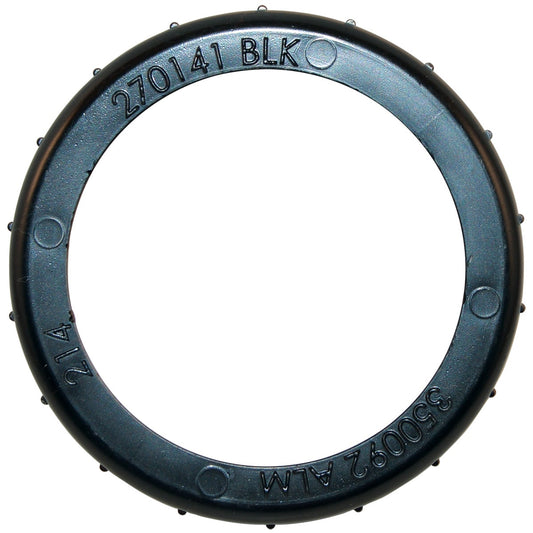 A black Pentair Push-Pull Valve Nut (270141) made of plastic features raised text, including "270141 BLK" and "35009.2 ALM," along its outer edge.