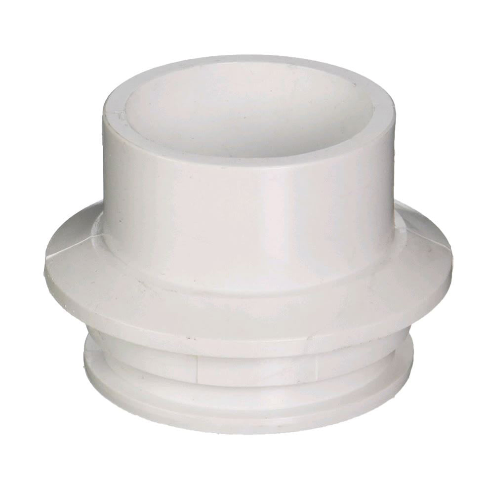 The Pentair HiFlow Adaptor Valve 2" Slip, White (274404) is a white plastic fitting with a flared collar and grooved base, designed for joining two pipe or tubing sections.