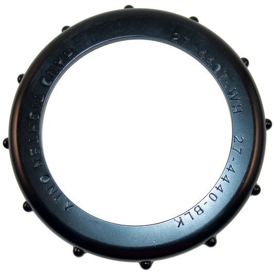 The Pentair Bulkhead Adapter Nut, Black (274440), is a circular plastic ring with raised bumps and engraved text for hand-tightening and size info, designed for use in mini max NT heater systems.