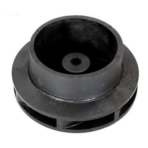 The Pentair EQ500 Impeller Assembly (350030) by Pentair is a black plastic pump impeller featuring a central hole and multiple side openings, shown against a white background.