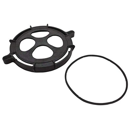 The Pentair EQ Series Pump Lock Ring & Gasket (350171) by Pentair includes a black plastic circular lock ring with three large openings and a thin rubber gasket, shown on a white background.
