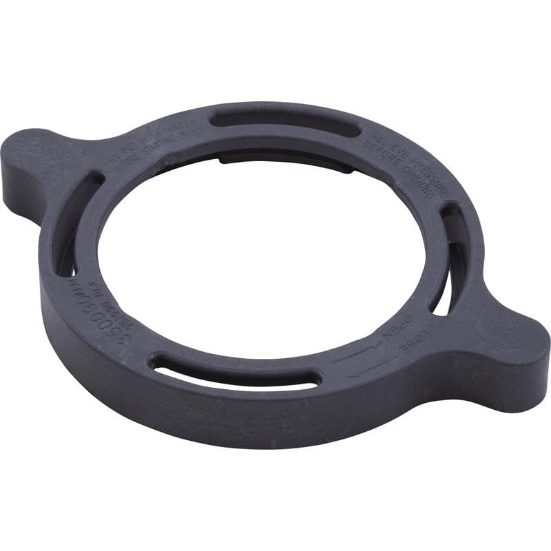 The Pentair SuperMax IG Cam & Ramp Clamp (351090) is a black, round plastic mounting bracket with two extended tabs and multiple slots around the inner edge.