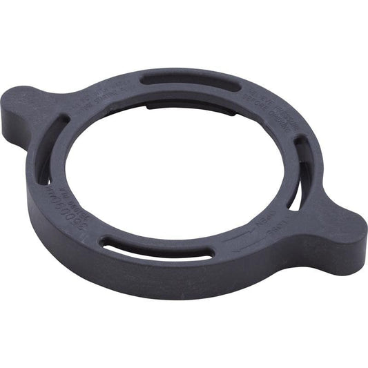 The Pentair SuperMax IG Cam & Ramp Clamp (351090) is a black, round plastic mounting bracket with two extended tabs and multiple slots around the inner edge.