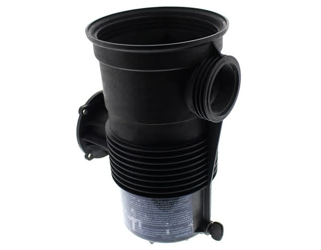 Black Pentair Challenger Strainer Pot (Model 355300) with an attached hose fitting and text on bottom section.