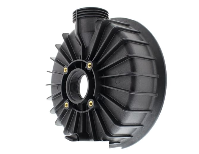 Pentair Challenger Pump Front Housing 355302: Black plastic part with circular design, central opening, mounting holes, and radial fins; used as a housing or cover in Pentair mechanical assemblies.