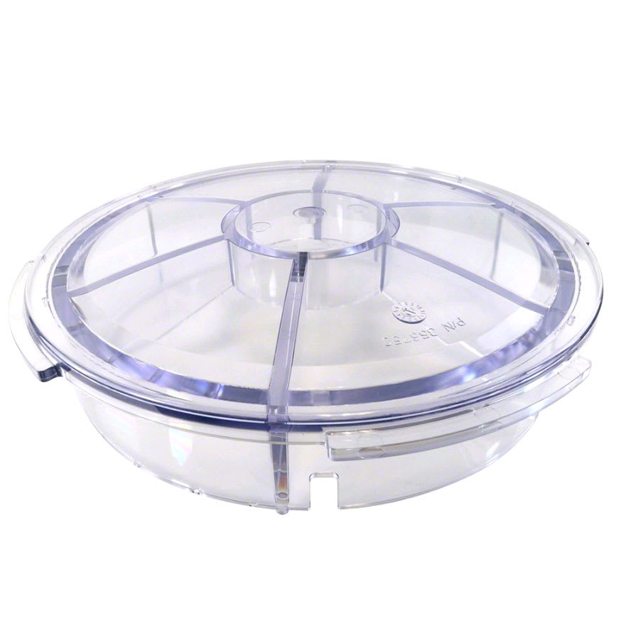 The Pentair EQ Series Strainer Lid, Clear (356750) by Pentair is a transparent round lid designed for multi-compartment containers.
