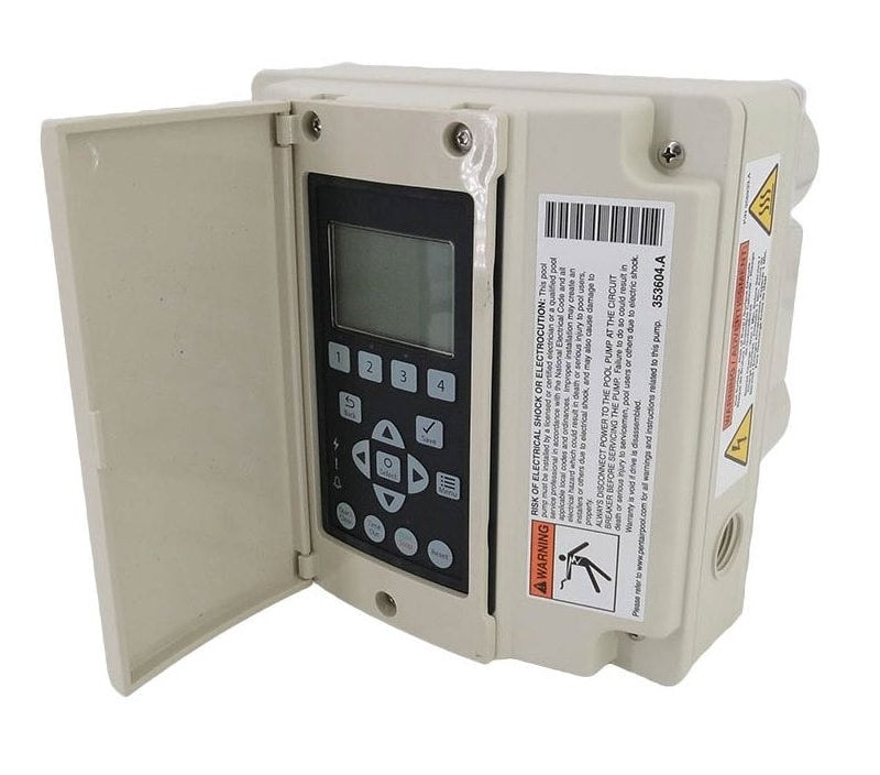 A Pentair IntelliFlo Variable Speed Drive Kit | 356879Z features a digital control panel with a small screen and buttons, enclosed in a beige box with an open cover. Warning labels adorn the side.