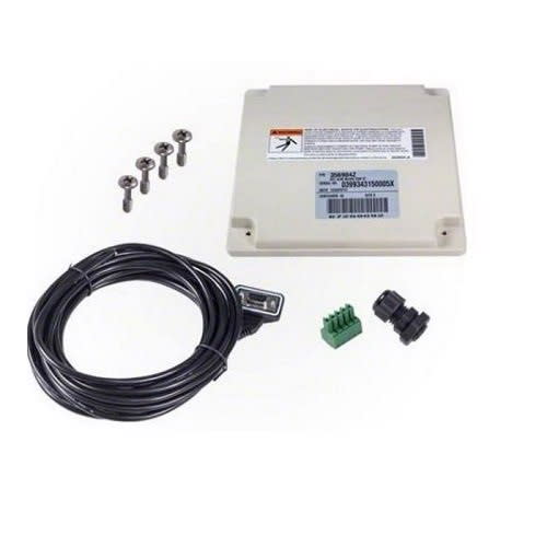 The Pentair IntelliFlo Keypad Relocation Kit (356904Z) by Pentair includes a square control unit, four screws, a cable, a green connector, and a black cable gland, all displayed on a white background.