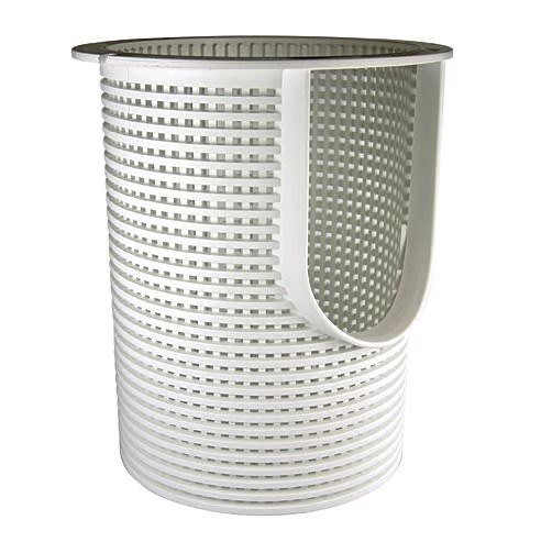 The Pentair EQ Series Pump Basket Strainer (357184) is a white, cylindrical, perforated plastic basket with an open side and solid top rim by Pentair.