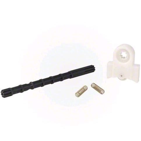 The Pentair Rebel Left Drive Kit (360289) by Pentair includes a white plastic pivot, a black grooved rod, and two small metal springs displayed on a white background.