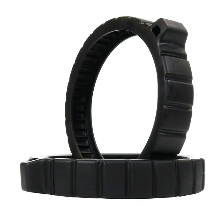 The Pentair Rebel Large Hump Tire, model 360326, features two black rubber rings with textured surfaces; one stands upright while the other lies flat.