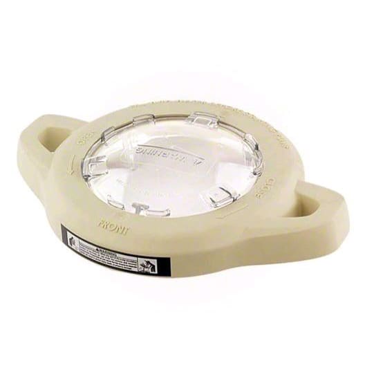 The Pentair XF Series Pump Lid Locking Ring Assembly (400006) is a beige plastic circular device with a transparent top and two side handles.