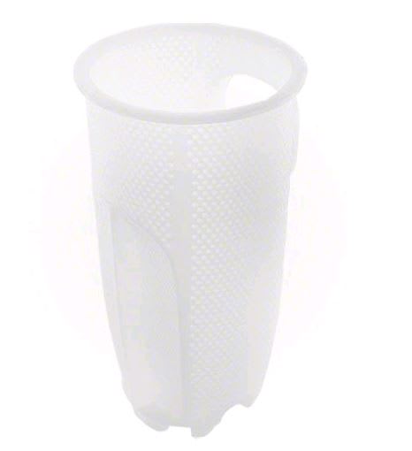 Pentair XF Series Strainer Basket (Model 400007Z) by Pentair: A white mesh pool skimmer basket with a round top, fine grid pattern, and cylindrical design.