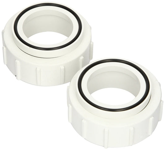 Two Pentair 2" Slip Half Union Kits (42001-0402) are shown side by side on a plain background. These white plastic pipe fittings include rubber gaskets and are designed for secure plumbing connections.