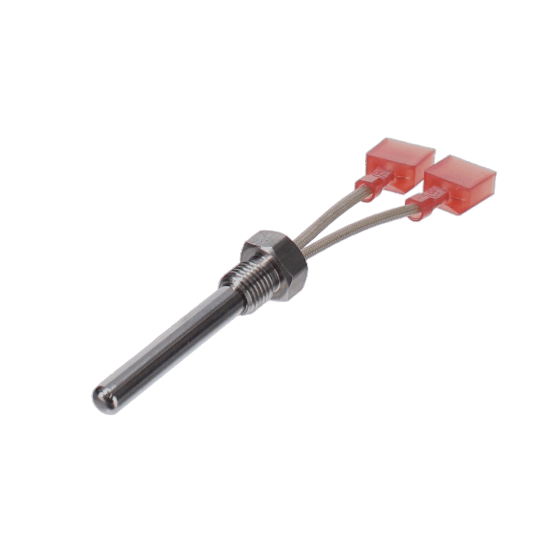 The Pentair MasterTemp Pool Heater Stack Flue Sensor (42002-0024S) by Pentair, featuring a metal probe with two red connectors, is showcased against a gradient red background.
