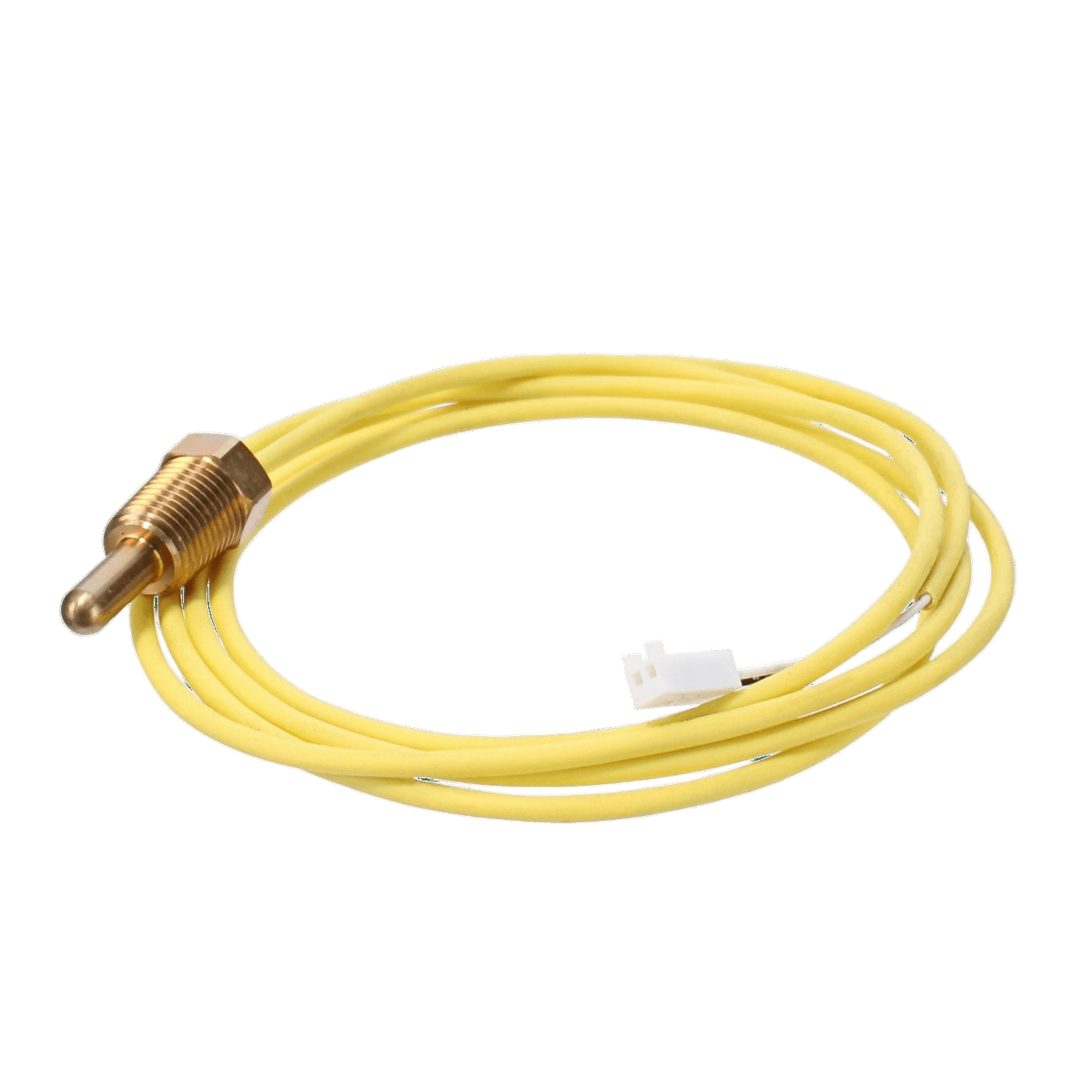 The Pentair Heat Pump & Heater Thermistor Probe (471566) is a yellow cable with a metal probe and white connector, compatible with Pentair UltraTemp heat pumps, shown neatly coiled on a white background.