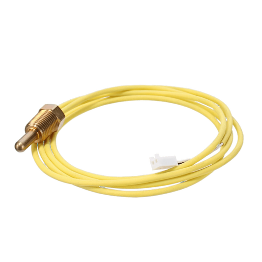 The Pentair Heat Pump & Heater Thermistor Probe (471566) is a yellow cable with a metal probe and white connector, compatible with Pentair UltraTemp heat pumps, shown neatly coiled on a white background.