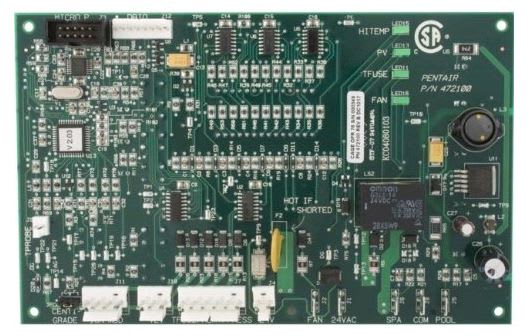 The Pentair MiniMax DDTC Board Assembly (472100) is a green circuit board with connectors for fan, fuse, and transformer, ideal as a replacement part for MiniMax NT heaters.