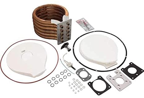 Pentair MasterTemp/Max-E-Therm Tube Sheet Coil Assembly (474061) by Pentair, featuring a copper coil, plates, O-rings, bolts, washers, and lubricant tubes arranged on a white background.