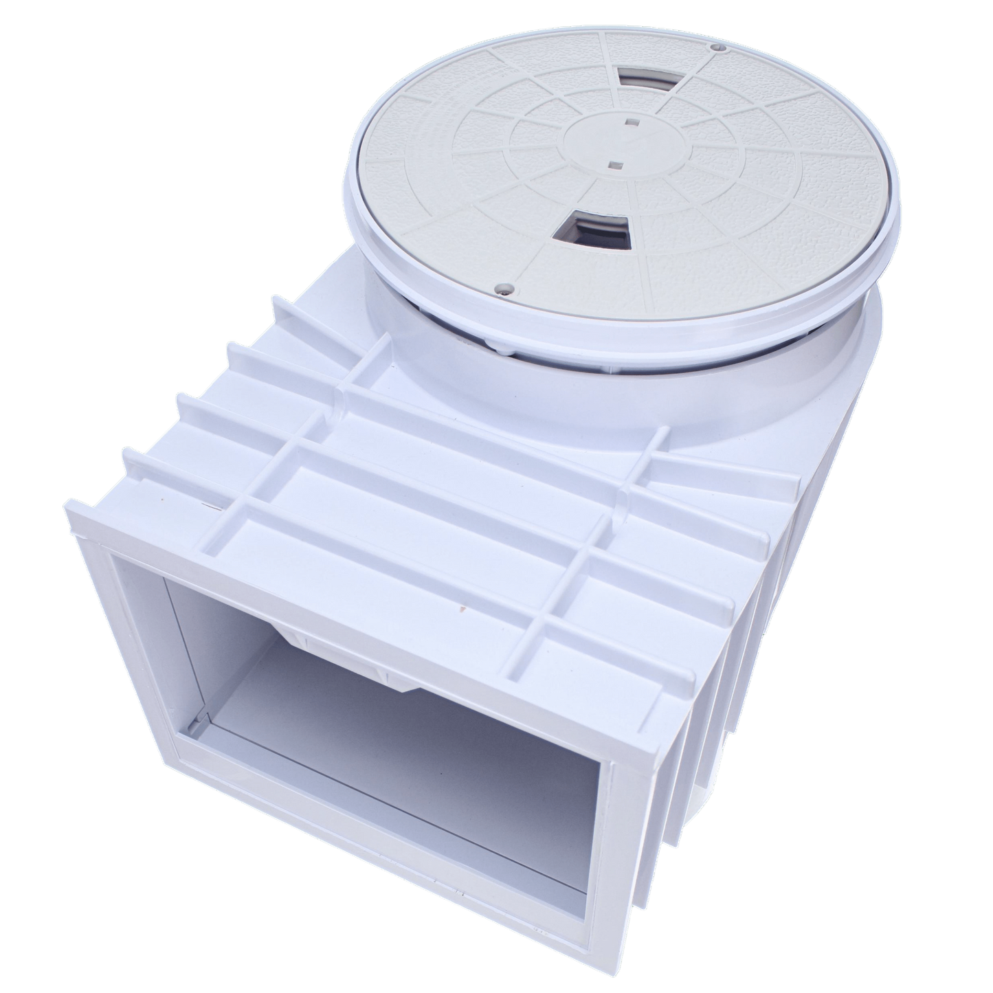 The Pentair Gunite Bermuda Skimmer, 2" Slip, White (506361) features a durable design with a round textured access cover and grid-like side supports, ensuring reliable pool water management.