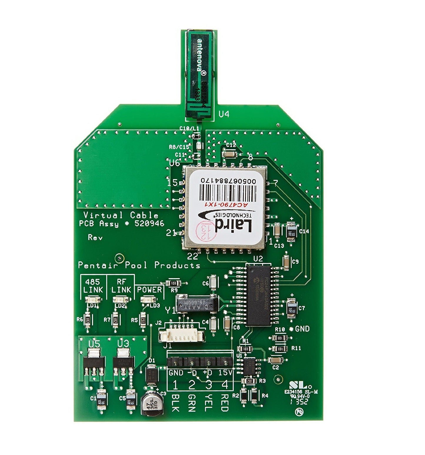 The Pentair MobileTouch II Transceiver Circuit Board (520946Z) is a green printed circuit board densely packed with components, featuring a "Virtual Cable" chip and vertical connector. With IntelliTouch technology, it enhances device integration and connectivity.