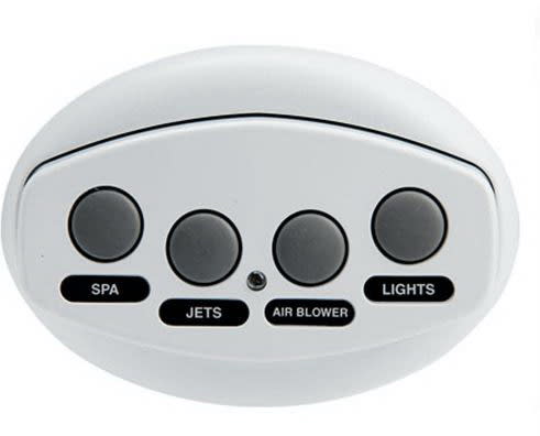 The Pentair Spa-side Remote IS4 (Gray, 100' cord, 521886) features four round black buttons labeled Spa, Jets, Air Blower, and Lights with an indicator light below center. Includes a 100′ cord for flexible installation.