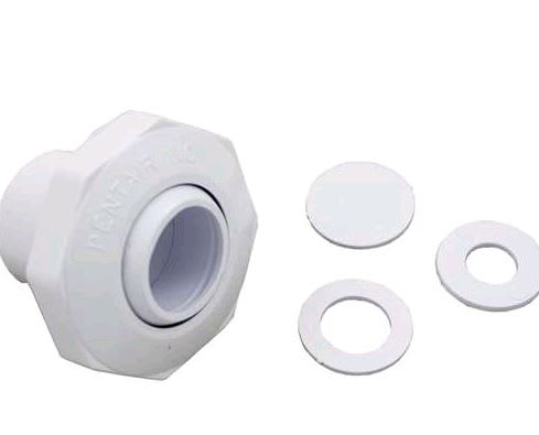 The Pentair Ftg Eye 1.0 Insdr Wht Bulk Pk (542000) is a white hexagonal plastic fitting with a threaded collar, shown alongside three white washers of different inner diameters. Brand: Pentair.