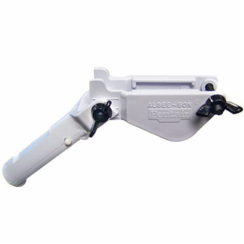 White plastic 3" chlorine tablet holder, attaches with wing nut fasteners for pool cleaning, labeled "Pentair Algee-Gon" (model 542068).